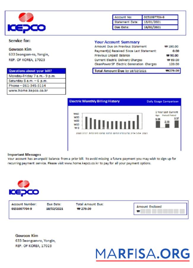 Blank South Korea Electric Power Corporation electricity utility bill template in Word and PDF format